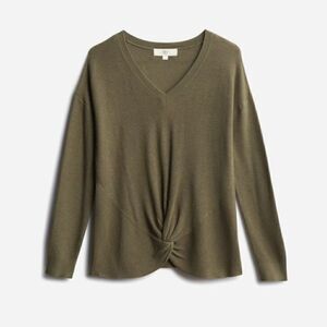 Pinque | Stitch Fix Maude Knot Front Pullover V Neck Sweater in Olive Green | S